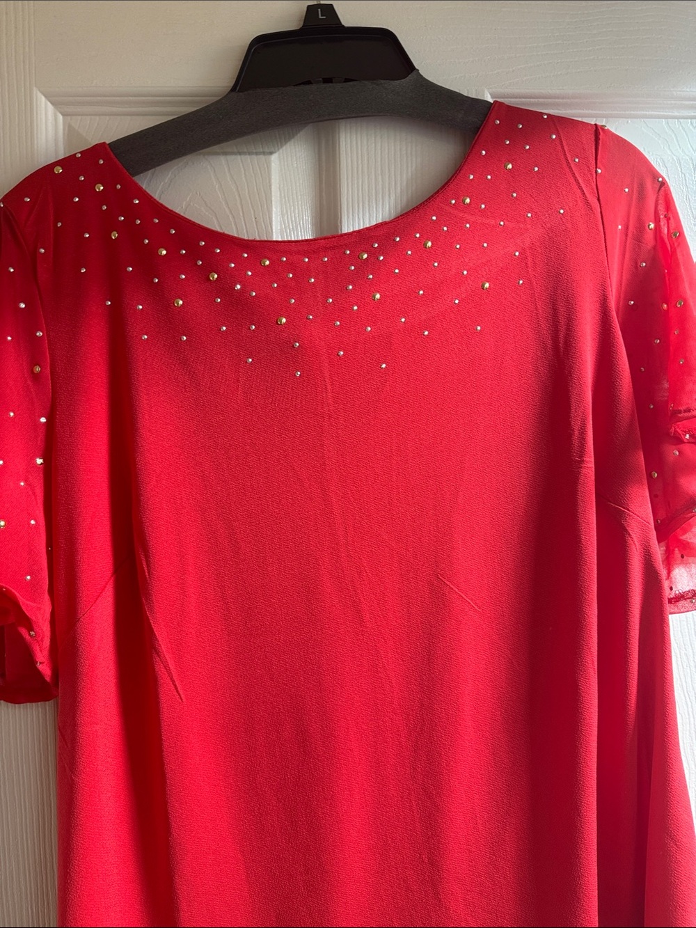 NY Collection Red Short-Sleeve Rhinestone Scoop Neck Blouse